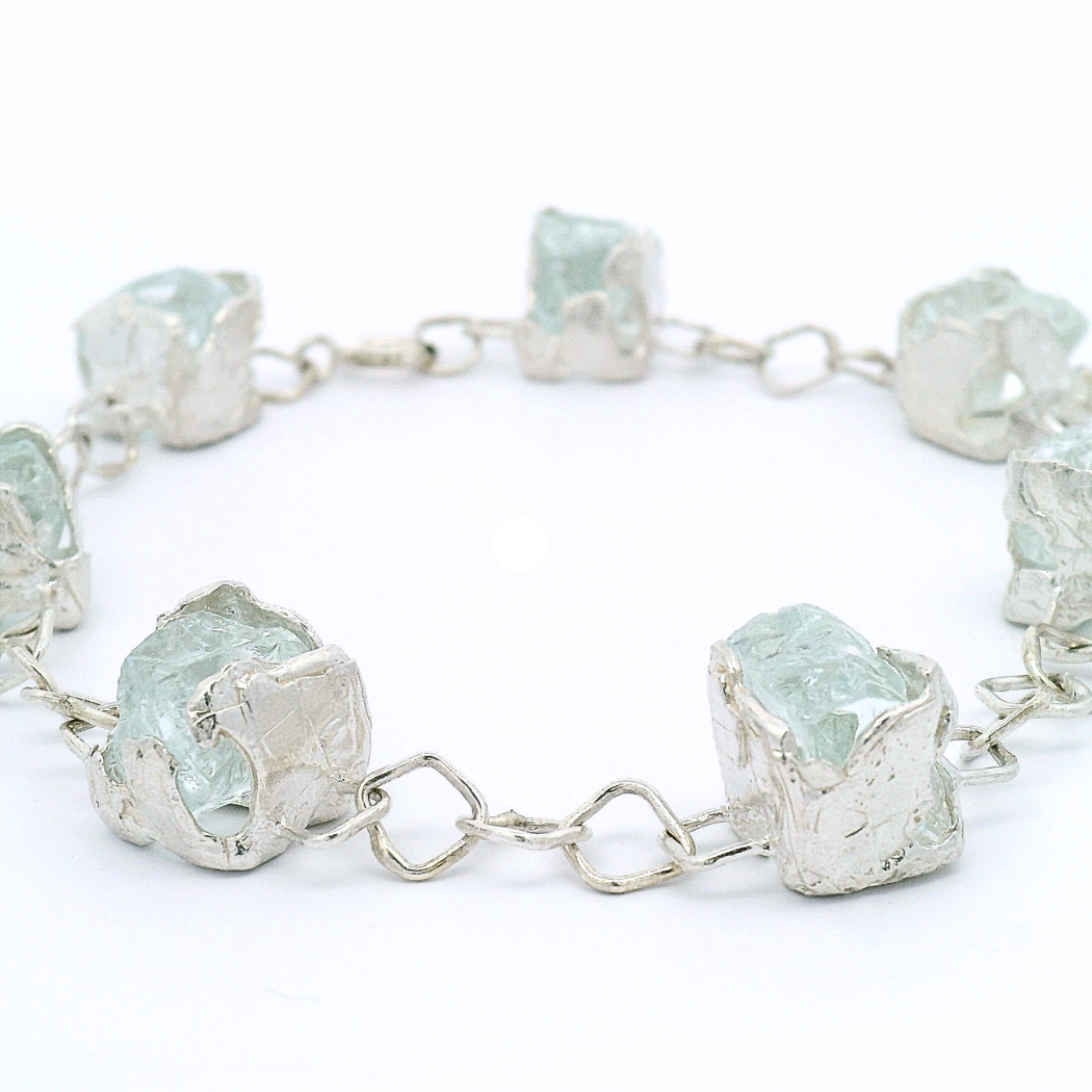 Sterling Silver Bus Stop Glass 7 Charm Bracelet in recycled silver and reclaimed glass