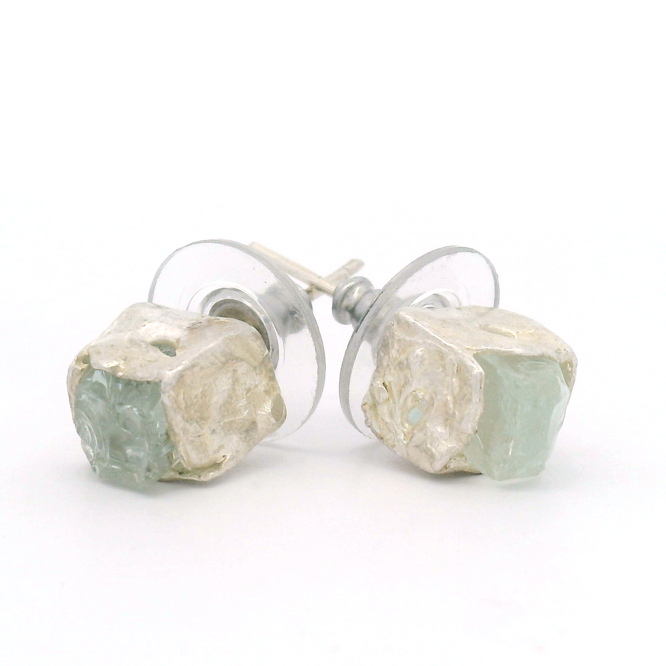 Silver Bus Stop Cube Stud Earrings in recycled silver and reclaimed glass